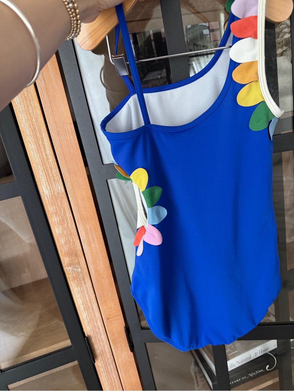 Mini Boden Girls cobalt One Piece Swimsuit rainbow petal appliqué side cutout - Picture 8 of 9